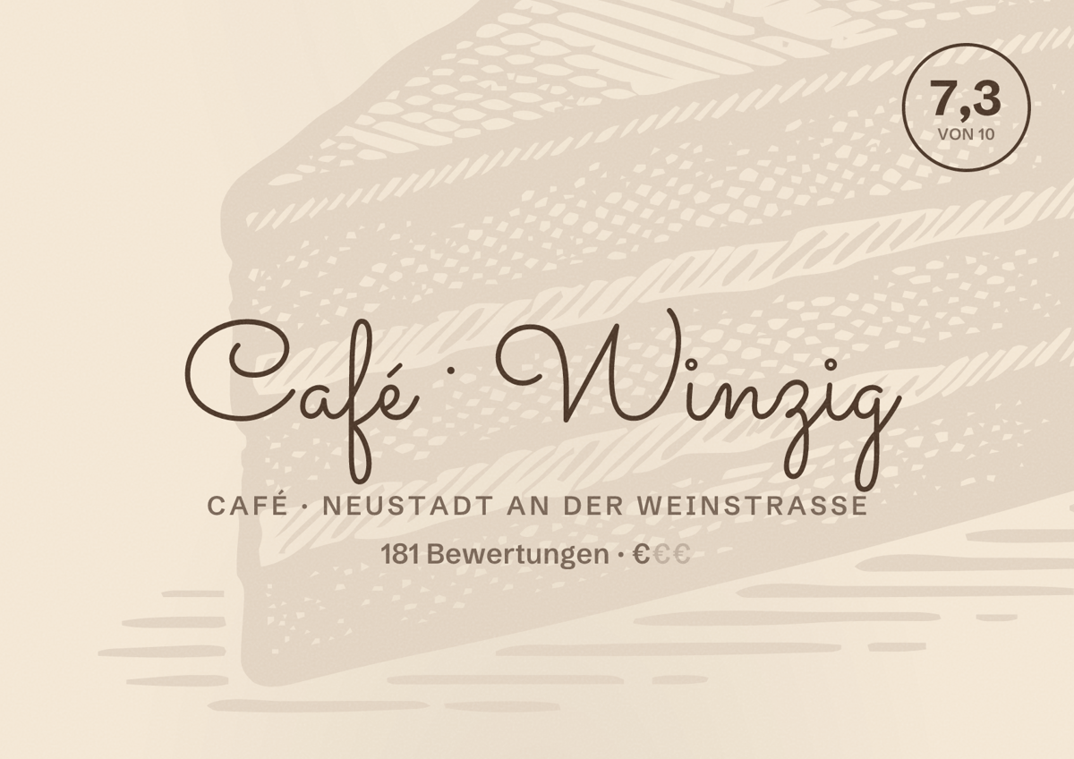 Illustriertes Poster von Café Winzig, Café in Neustadt an der Weinstraße: Bewertung 7,3 von 10 aus 181 Bewertungen, Preisniveau €