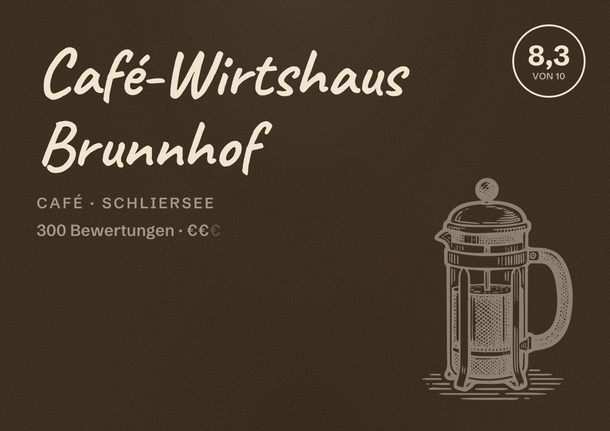 Illustriertes Poster von Café-Wirtshaus Brunnhof, Café in Schliersee: Bewertung 8,3 von 10 aus 300 Bewertungen, Preisniveau €€