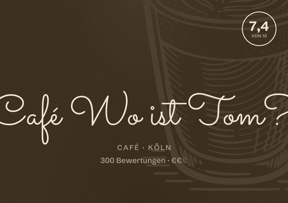 Illustriertes Poster von Café Wo ist Tom?, Café in Köln: Bewertung 7,4 von 10 aus 300 Bewertungen, Preisniveau €€
