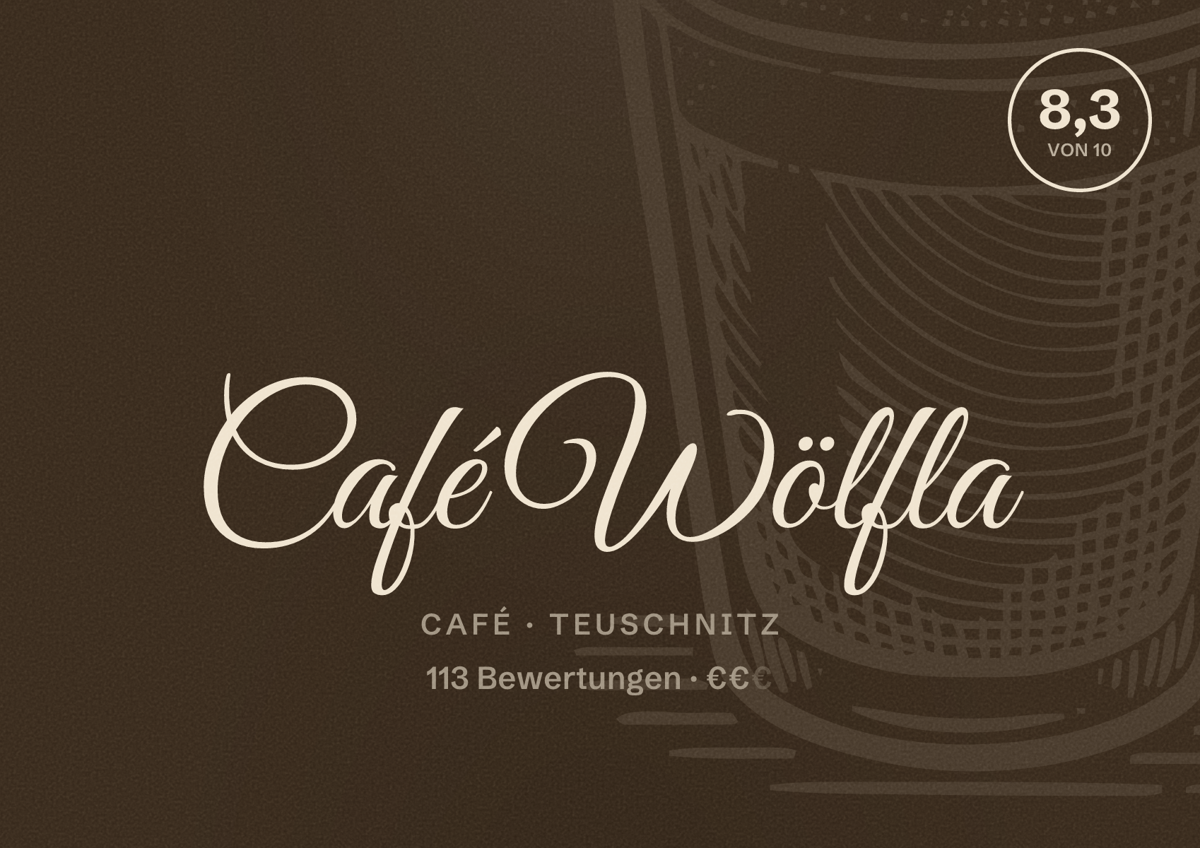 Illustriertes Poster von Café Wölfla, Café in Teuschnitz: Bewertung 8,3 von 10 aus 113 Bewertungen, Preisniveau €€