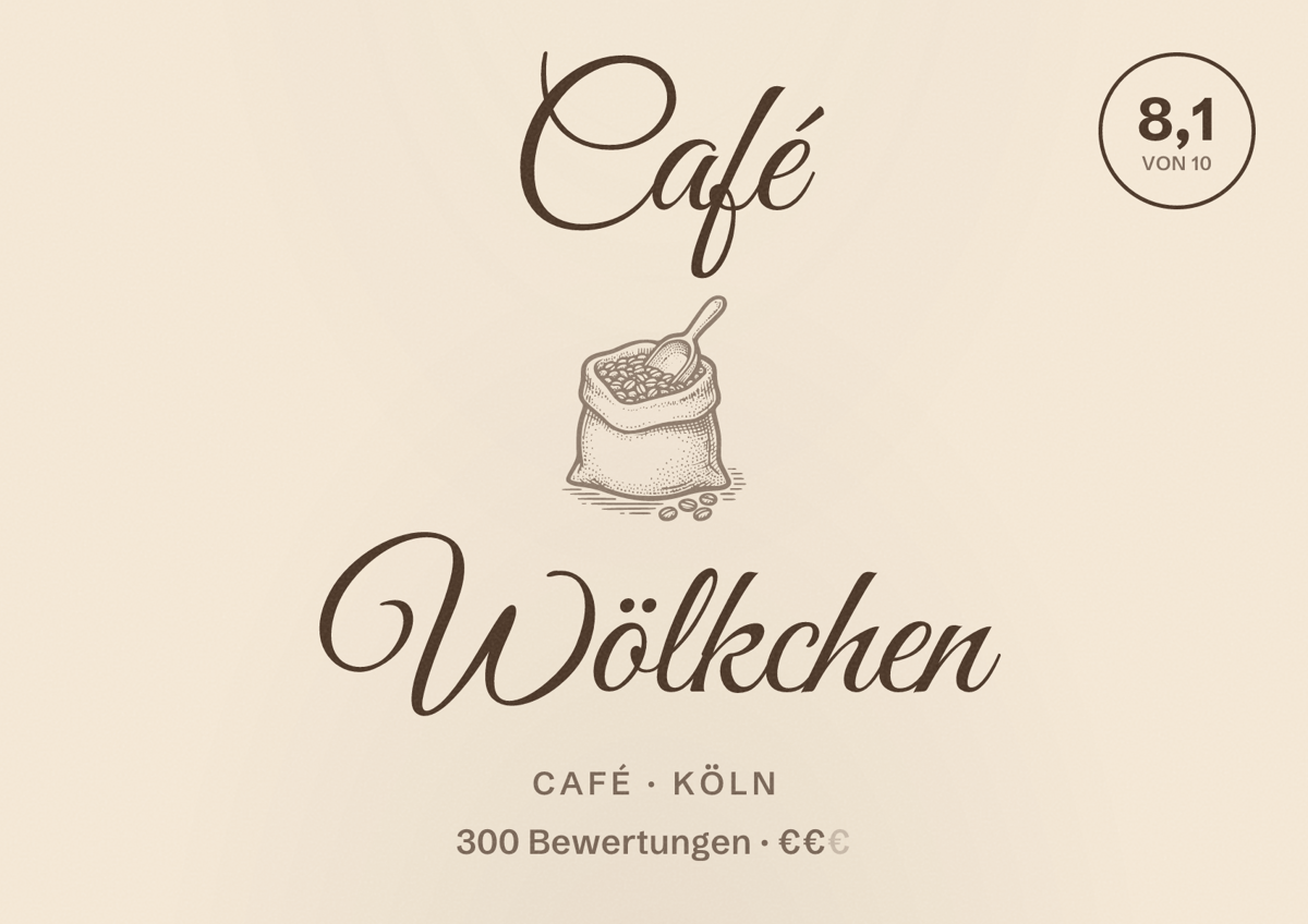 Illustriertes Poster von Café Wölkchen, Café in Köln: Bewertung 8,1 von 10 aus 300 Bewertungen, Preisniveau €€