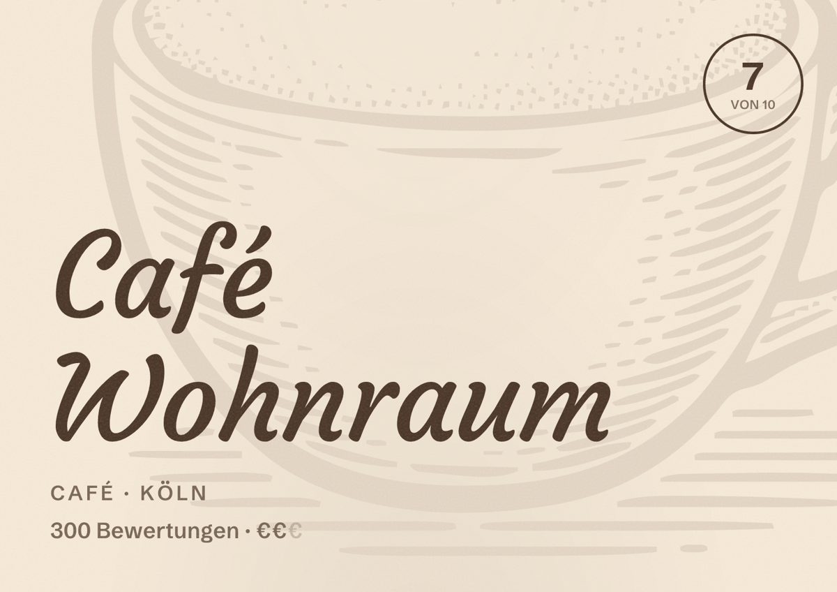 Illustriertes Poster von Café Wohnraum, Café in Köln: Bewertung 7,0 von 10 aus 300 Bewertungen, Preisniveau €€