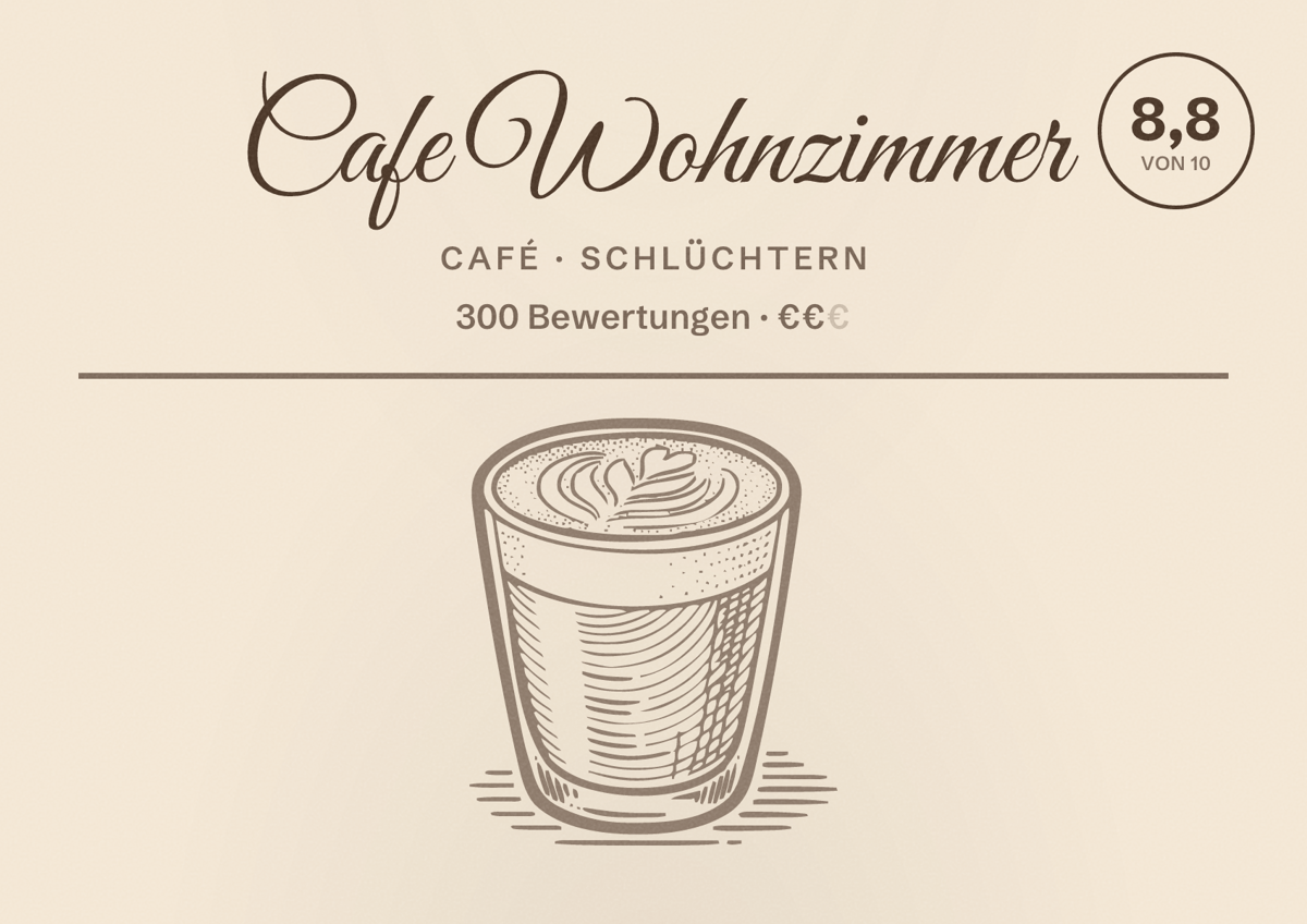 Illustriertes Poster von Cafe Wohnzimmer, Café in Schlüchtern: Bewertung 8,8 von 10 aus 300 Bewertungen, Preisniveau €€