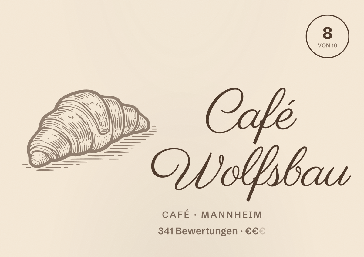 Illustriertes Poster von Café Wolfsbau, Café in Mannheim: Bewertung 8 von 10 aus 341 Bewertungen, Preisniveau €€