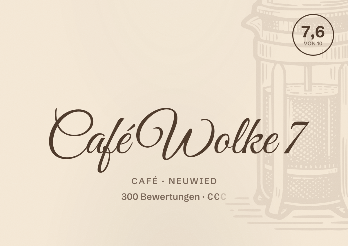Illustriertes Poster von Café Wolke 7, Café in Neuwied: Bewertung 7,6 von 10 aus 300 Bewertungen, Preisniveau €€