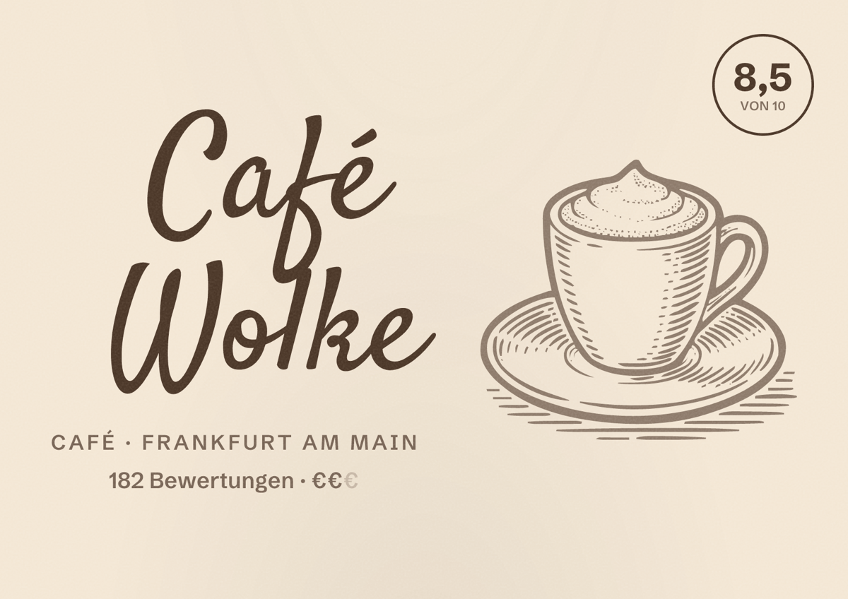 Illustriertes Poster von Café Wolke, Café in Frankfurt am Main: Bewertung 8,5 von 10 aus 182 Bewertungen, Preisniveau €€