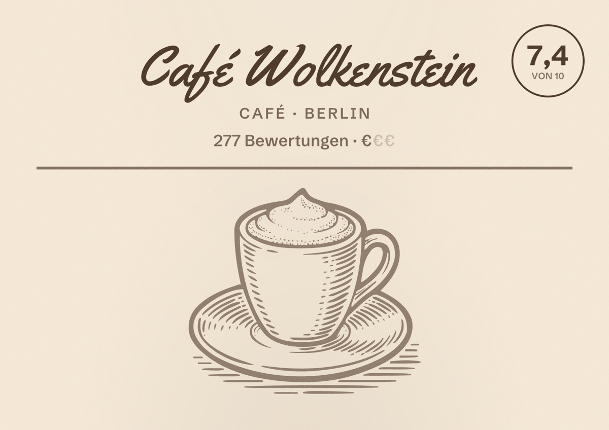 Illustriertes Poster von Café Wolkenstein, Café in Berlin: Bewertung 7,4 von 10 aus 277 Bewertungen, Preisniveau €