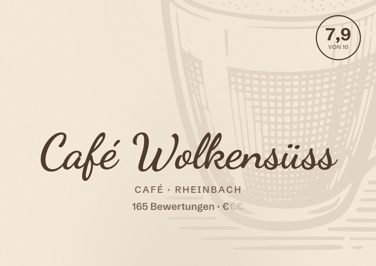 Illustriertes Poster von Café Wolkensüss, Café in Rheinbach: Bewertung 7,9 von 10 aus 165 Bewertungen, Preisniveau €