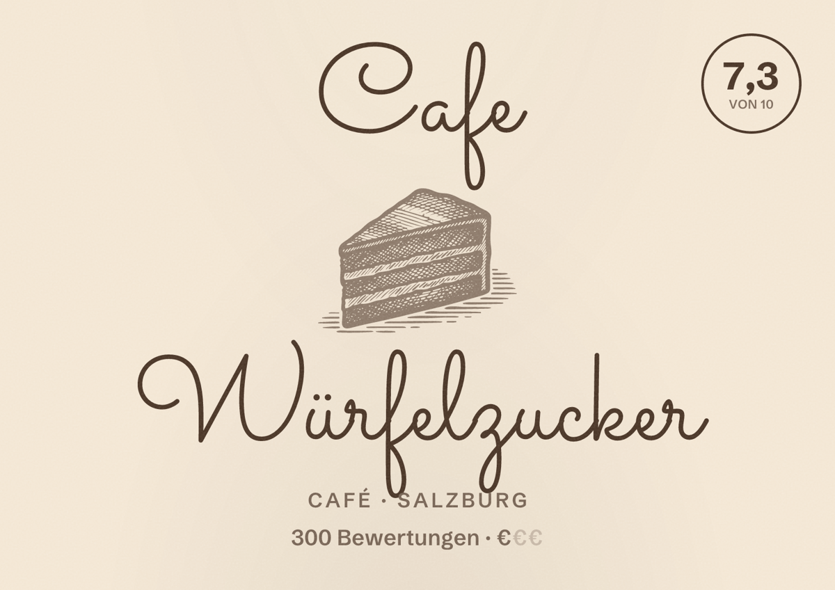 Illustriertes Poster von Cafe Würfelzucker, Café in Salzburg: Bewertung 7,3 von 10 aus 300 Bewertungen, Preisniveau €