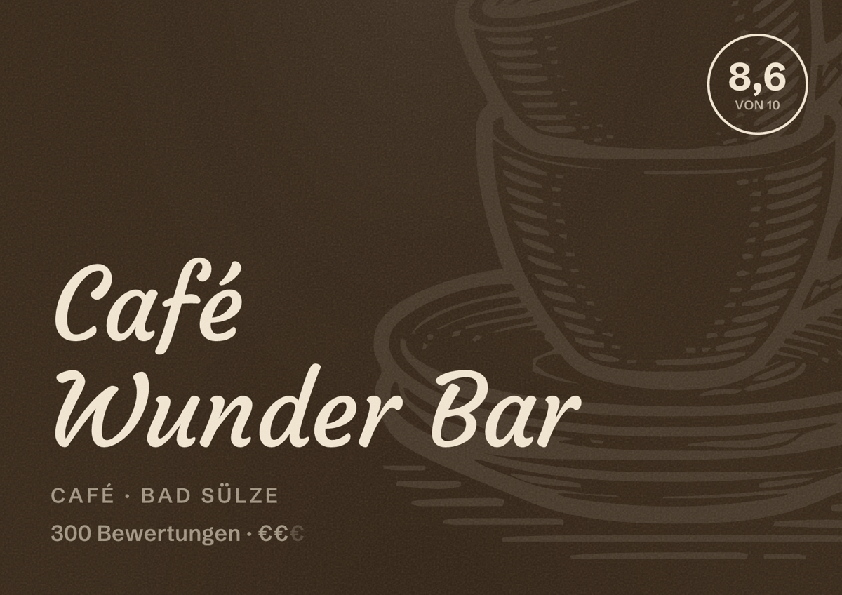 Illustriertes Poster von Café Wunder Bar, Café in Bad Sülze: Bewertung 8,6 von 10 aus 300 Bewertungen, Preisniveau €€