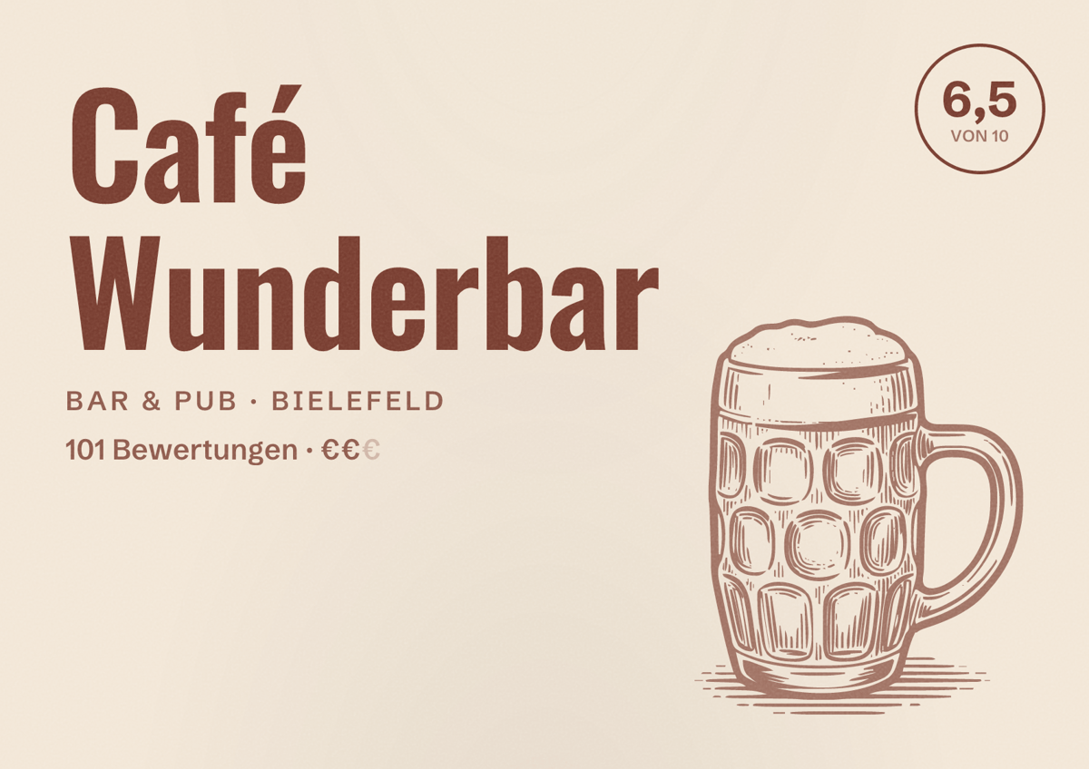 Illustriertes Poster von Café Wunderbar, Bar & Pub in Bielefeld: Bewertung 6,5 von 10 aus 101 Bewertungen, Preisniveau €€