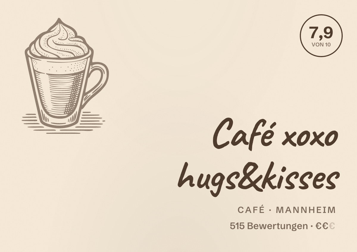 Illustriertes Poster von Café xoxo hugs&kisses, Café in Mannheim: Bewertung 7,9 von 10 aus 515 Bewertungen, Preisniveau €€