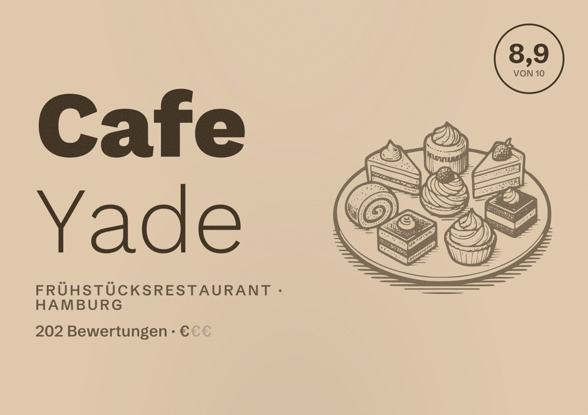 Illustriertes Poster von Cafe Yade, Frühstücksrestaurant in Hamburg: Bewertung 8,9 von 10 aus 202 Bewertungen, Preisniveau €