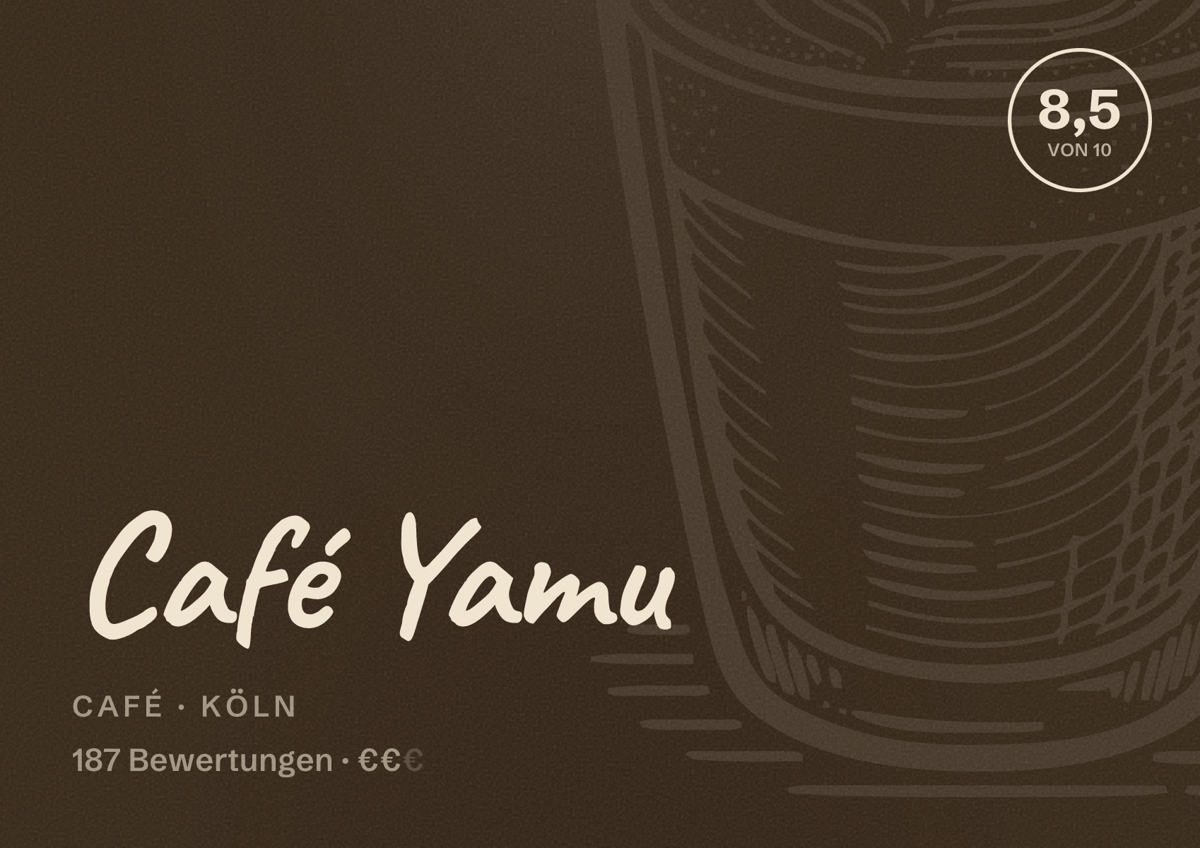 Illustriertes Poster von Café Yamu, Café in Köln: Bewertung 8,5 von 10 aus 187 Bewertungen, Preisniveau €€
