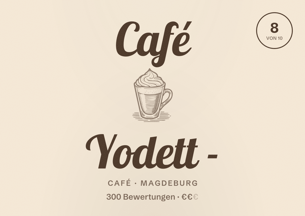 Illustriertes Poster von Café Yodett -, Café in Magdeburg: Bewertung 8,0 von 10 aus 300 Bewertungen, Preisniveau €€