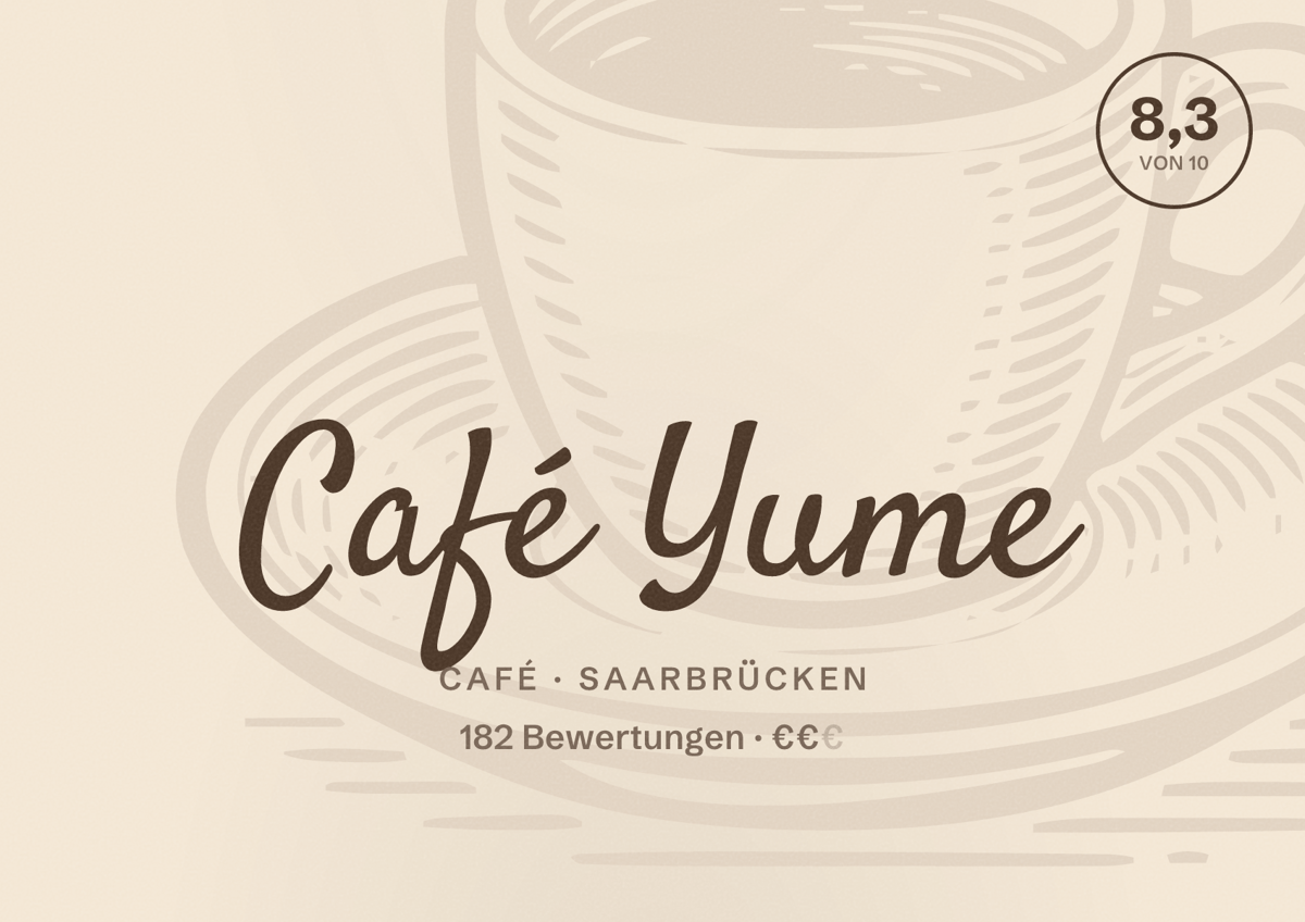Illustriertes Poster von Café Yume, Café in Saarbrücken: Bewertung 8,3 von 10 aus 182 Bewertungen, Preisniveau €€