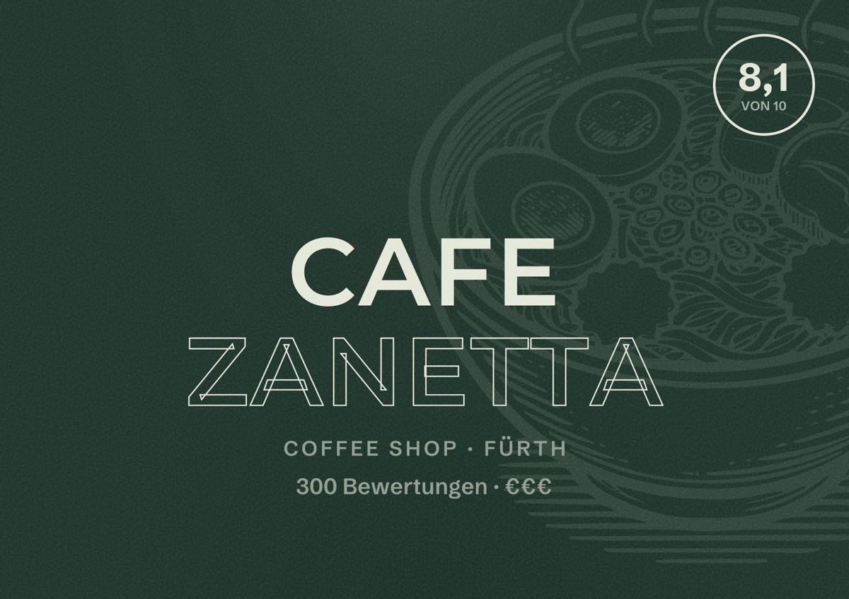 Illustriertes Poster von Cafe Zanetta, Coffee Shop in Fürth: Bewertung 8,1 von 10 aus 300 Bewertungen, Preisniveau €€€