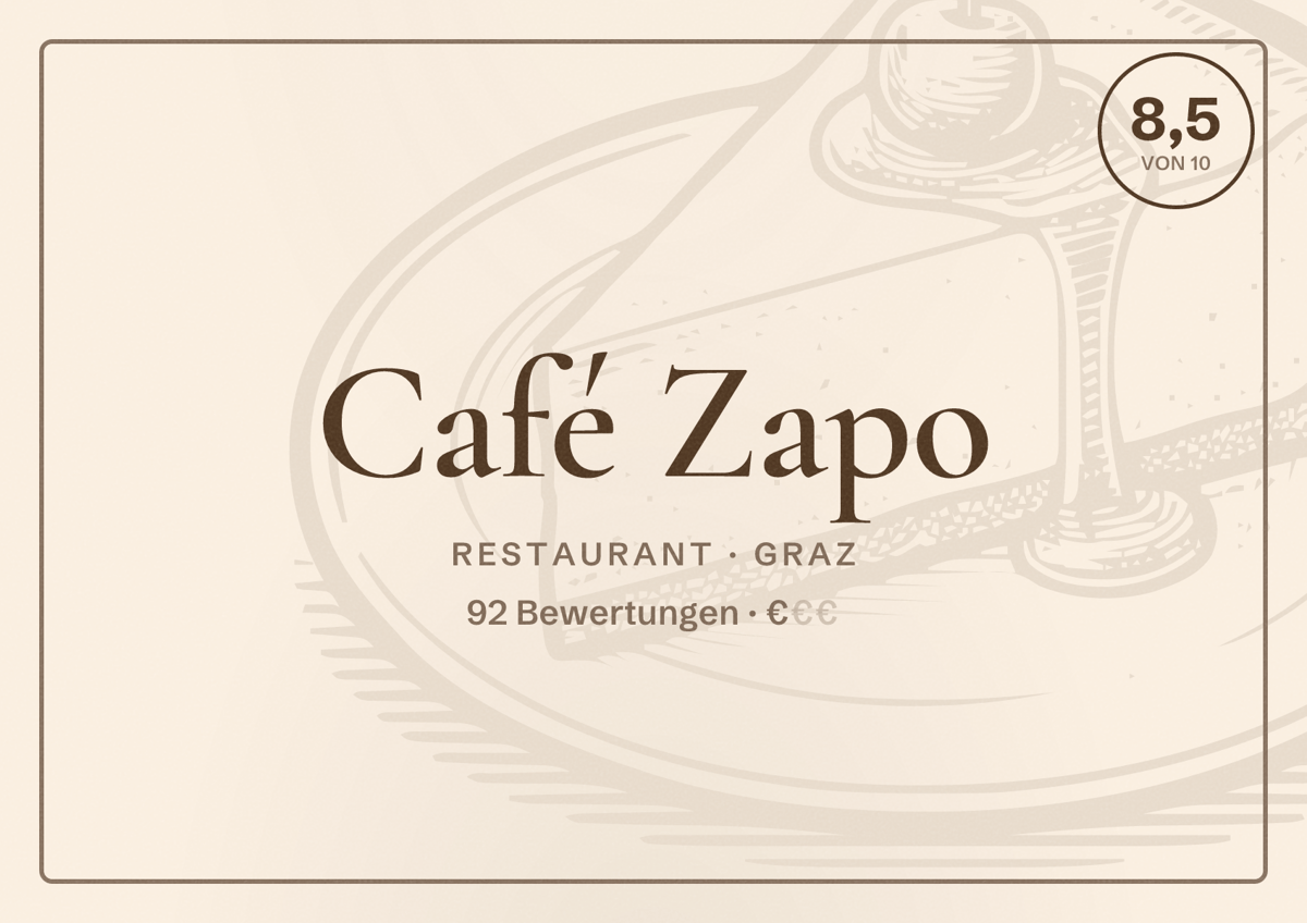 Illustriertes Poster von Café Zapo, Restaurant in Graz: Bewertung 8,5 von 10 aus 92 Bewertungen, Preisniveau €