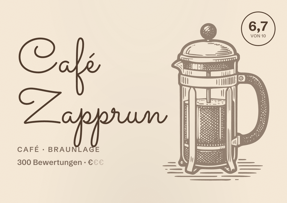 Illustriertes Poster von Café Zapprun, Café in Braunlage: Bewertung 6,7 von 10 aus 300 Bewertungen, Preisniveau €