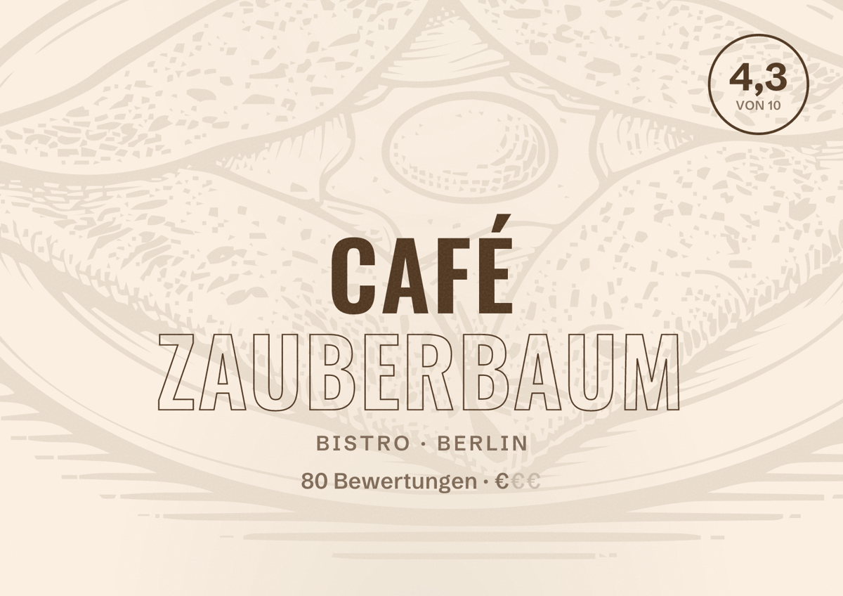 Illustriertes Poster von Café Zauberbaum, Bistro in Berlin: Bewertung 4,3 von 10 aus 80 Bewertungen, Preisniveau €