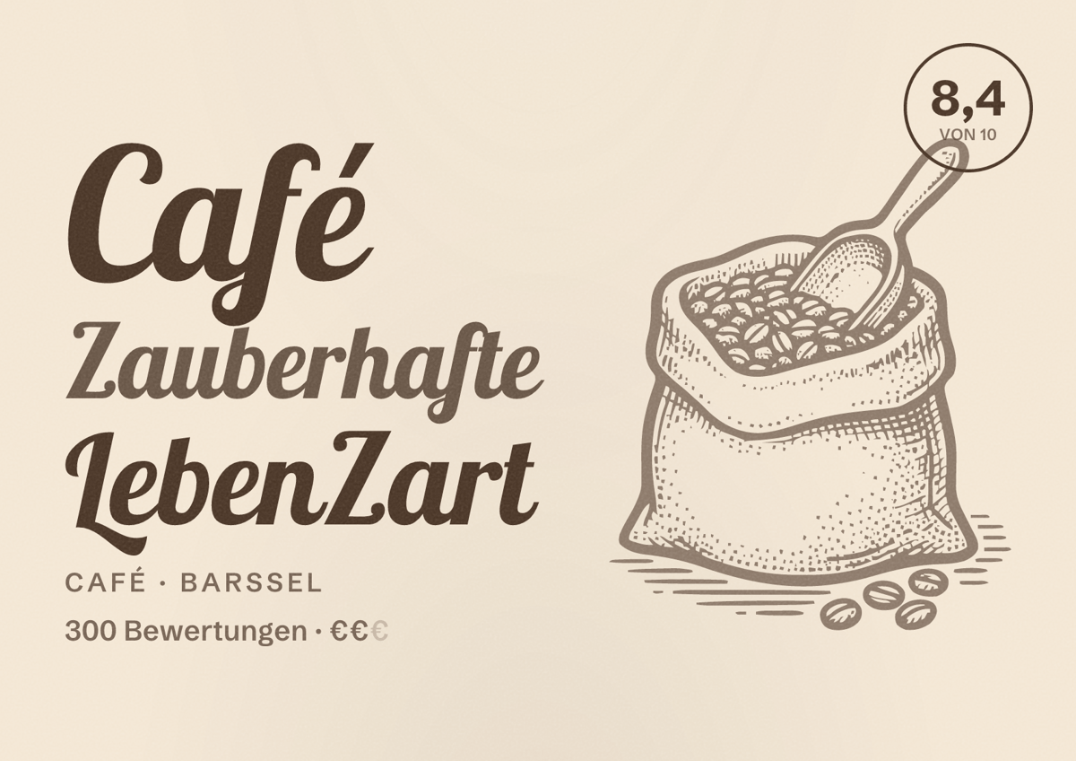 Illustriertes Poster von Café Zauberhafte LebenZart, Café in Barßel: Bewertung 8,4 von 10 aus 300 Bewertungen, Preisniveau €€
