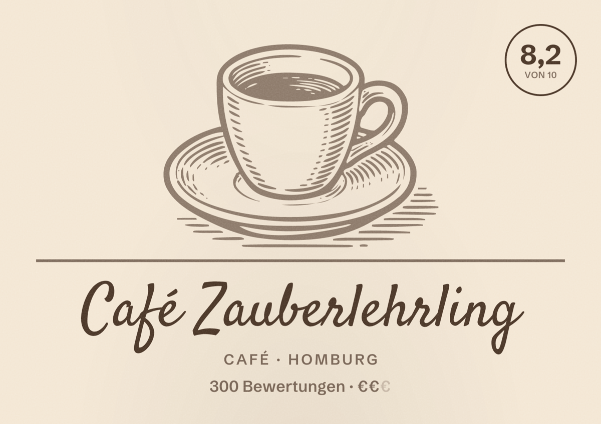 Illustriertes Poster von Café Zauberlehrling, Café in Homburg: Bewertung 8,2 von 10 aus 300 Bewertungen, Preisniveau €€