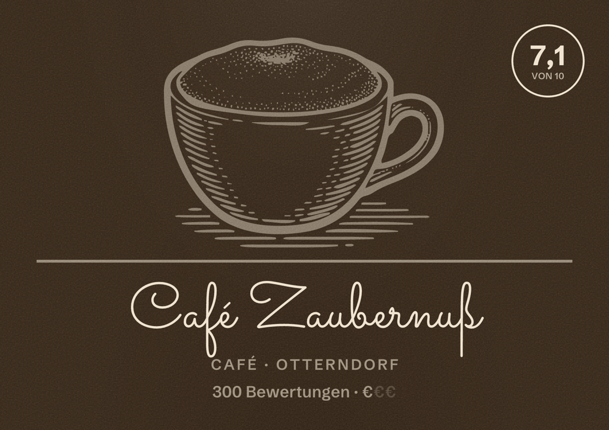 Illustriertes Poster von Café Zaubernuß, Café in Otterndorf: Bewertung 7,1 von 10 aus 300 Bewertungen, Preisniveau €