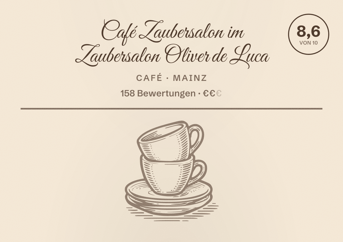 Illustriertes Poster von Café Zaubersalon im Zaubersalon Oliver de Luca, Café in Mainz: Bewertung 8,6 von 10 aus 158 Bewertungen, Preisniveau €€