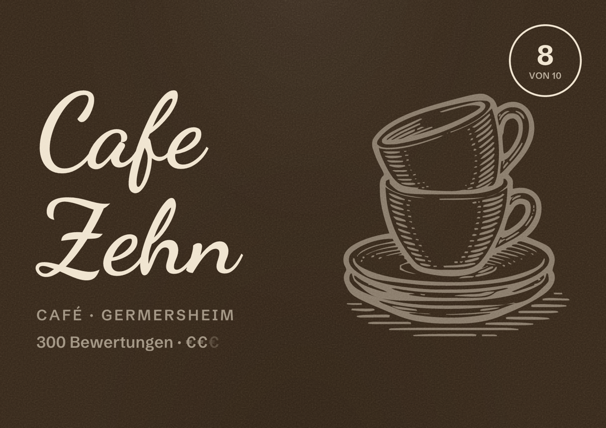 Illustriertes Poster von Cafe Zehn, Café in Germersheim: Bewertung 8 von 10 aus 300 Bewertungen, Preisniveau €€