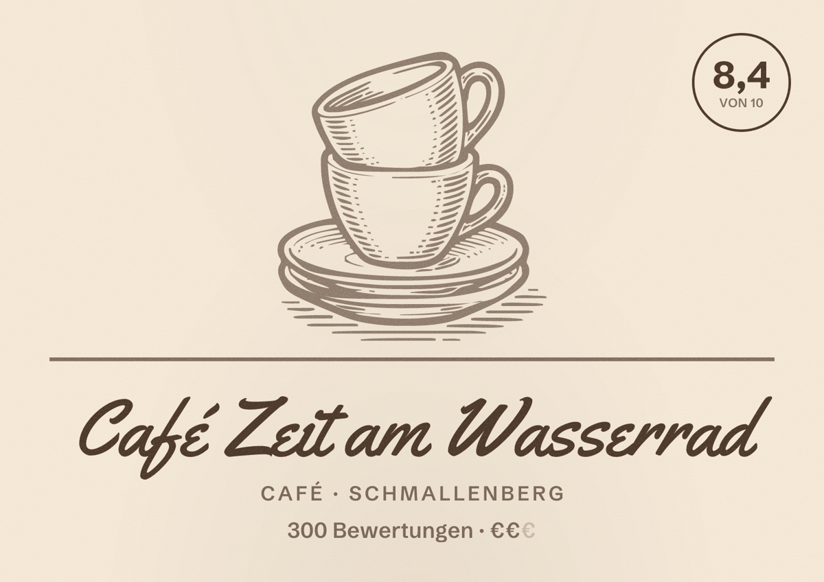 Illustriertes Poster von Café Zeit am Wasserrad, Café in Schmallenberg: Bewertung 8,4 von 10 aus 300 Bewertungen, Preisniveau €€