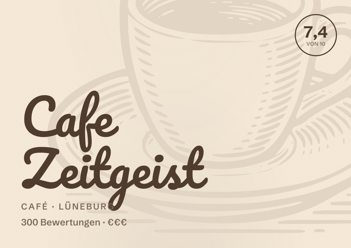 Illustriertes Poster von Cafe Zeitgeist, Café in Lüneburg: Bewertung 7,4 von 10 aus 300 Bewertungen, Preisniveau €€€