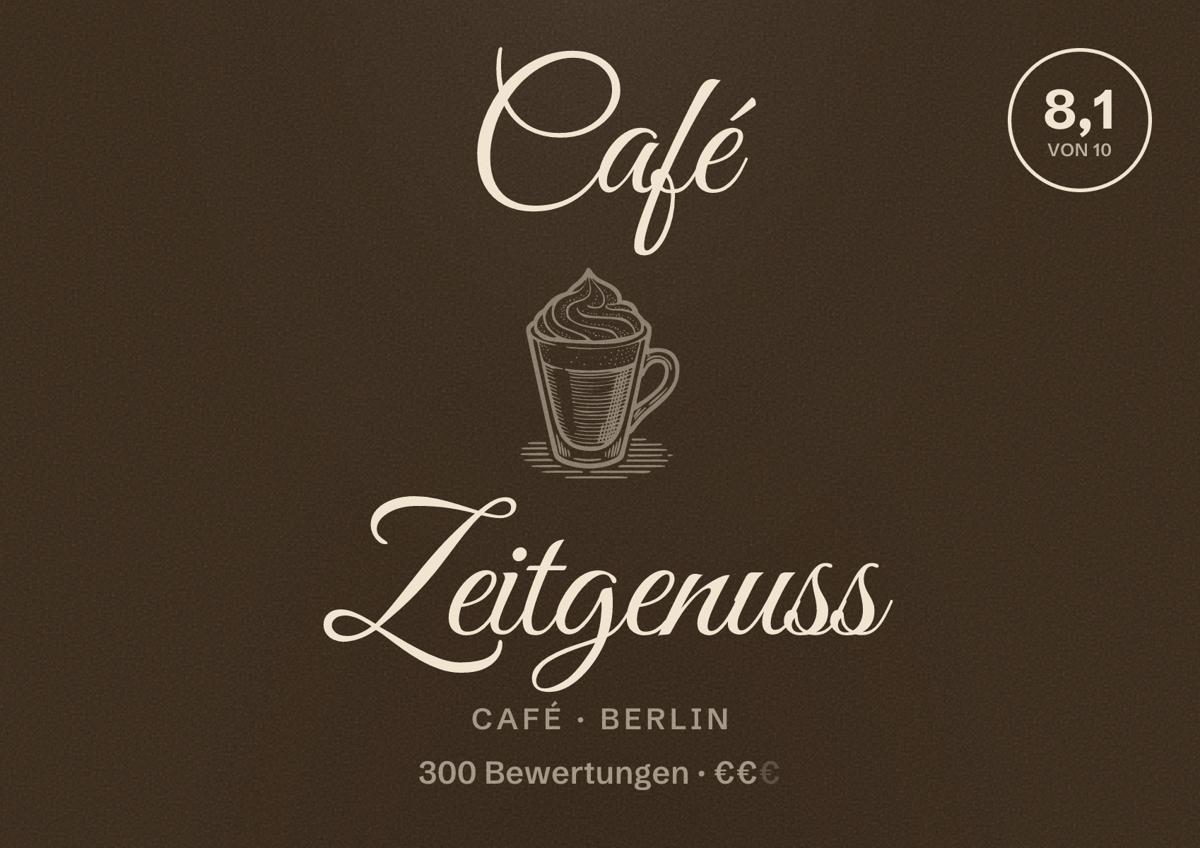Illustriertes Poster von Café Zeitgenuss, Café in Berlin: Bewertung 8,1 von 10 aus 300 Bewertungen, Preisniveau €€