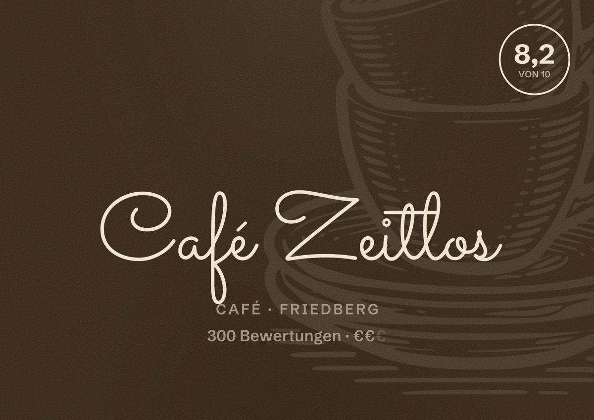 Illustriertes Poster von Café Zeitlos, Café in Friedberg: Bewertung 8,2 von 10 aus 300 Bewertungen, Preisniveau €€