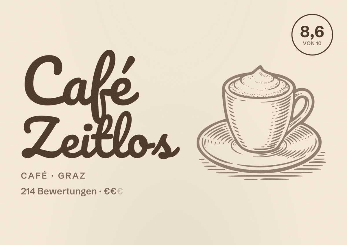 Illustriertes Poster von Café Zeitlos, Café in Graz: Bewertung 8,6 von 10 aus 214 Bewertungen, Preisniveau €€