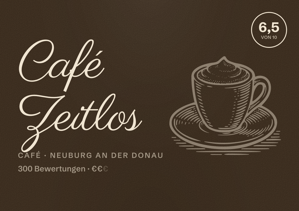 Illustriertes Poster von Café Zeitlos, Café in Neuburg an der Donau: Bewertung 6,5 von 10 aus 300 Bewertungen, Preisniveau €€