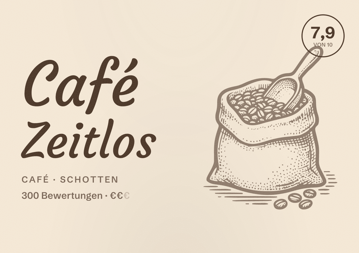 Illustriertes Poster von Café Zeitlos, Café in Schotten: Bewertung 7,9 von 10 aus 300 Bewertungen, Preisniveau €€