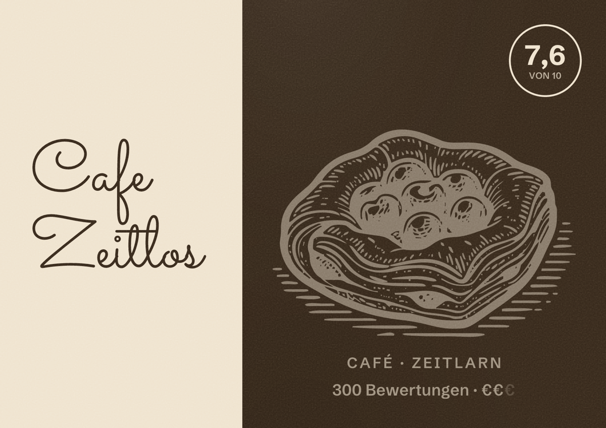 Illustriertes Poster von Cafe Zeitlos, Café in Zeitlarn: Bewertung 7,6 von 10 aus 300 Bewertungen, Preisniveau €€