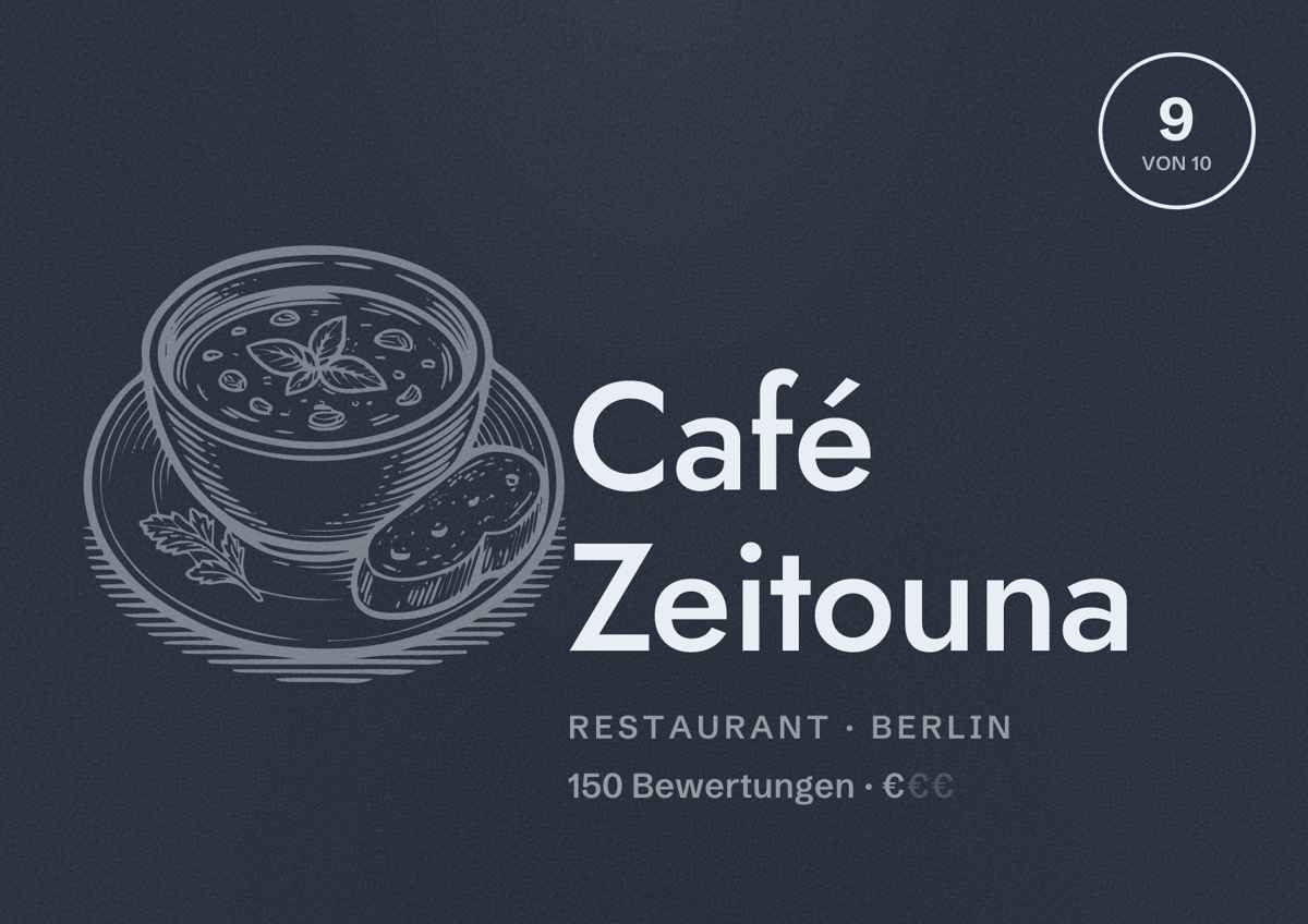 Illustriertes Poster von Café Zeitouna, Restaurant in Berlin: Bewertung 9,0 von 10 aus 150 Bewertungen, Preisniveau €