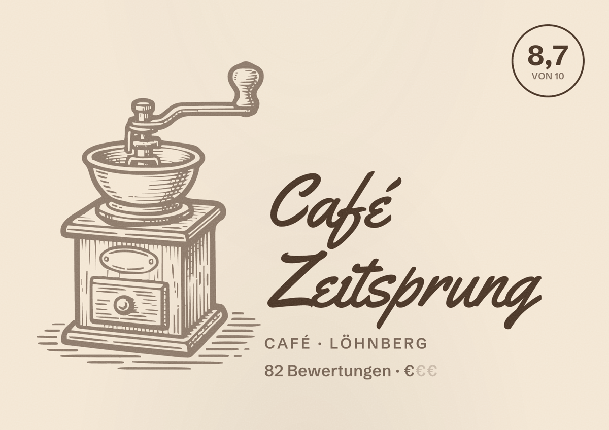 Illustriertes Poster von Café Zeitsprung, Café in Löhnberg: Bewertung 8,7 von 10 aus 82 Bewertungen, Preisniveau €