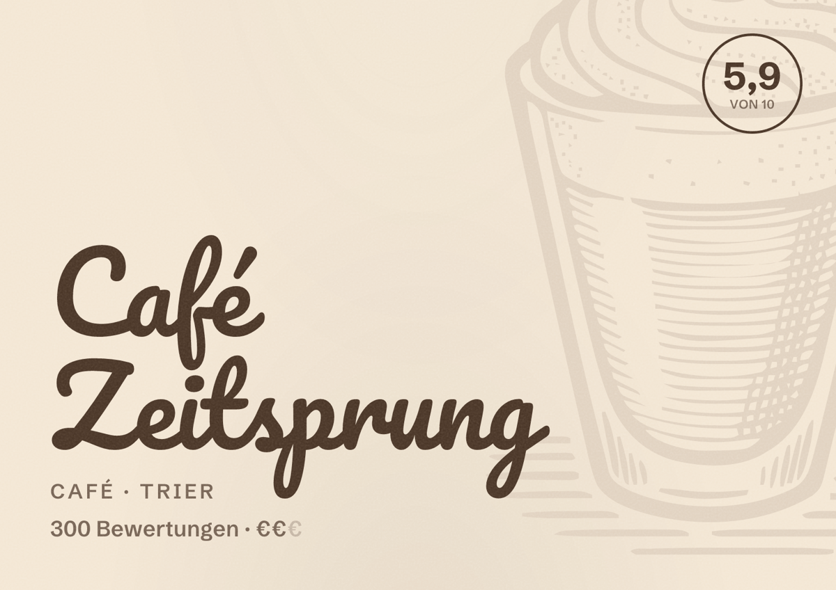 Illustriertes Poster von Café Zeitsprung, Café in Trier: Bewertung 5,9 von 10 aus 300 Bewertungen, Preisniveau €€