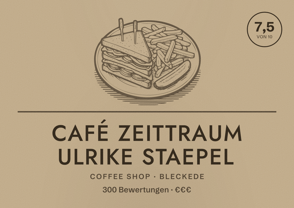 Illustriertes Poster von Café Zeittraum Ulrike Staepel, Coffee Shop in Bleckede: Bewertung 7,5 von 10 aus 300 Bewertungen, Preisniveau €€€