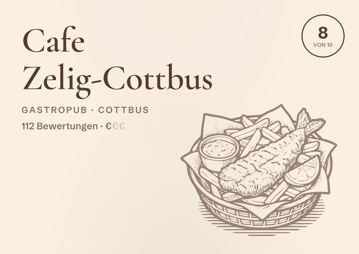 Illustriertes Poster von Cafe Zelig-Cottbus, Gastropub in Cottbus: Bewertung 8 von 10 aus 112 Bewertungen, Preisniveau €