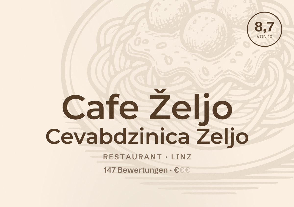 Illustriertes Poster von Cafe Željo Cevabdzinica Zeljo, Restaurant in Linz: Bewertung 8,7 von 10 aus 147 Bewertungen, Preisniveau €