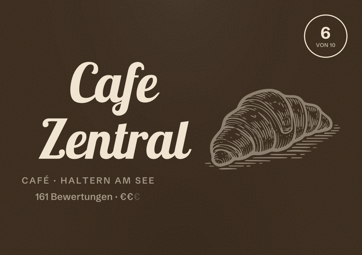 Illustriertes Poster von Cafe Zentral, Café in Haltern am See: Bewertung 6 von 10 aus 161 Bewertungen, Preisniveau €€