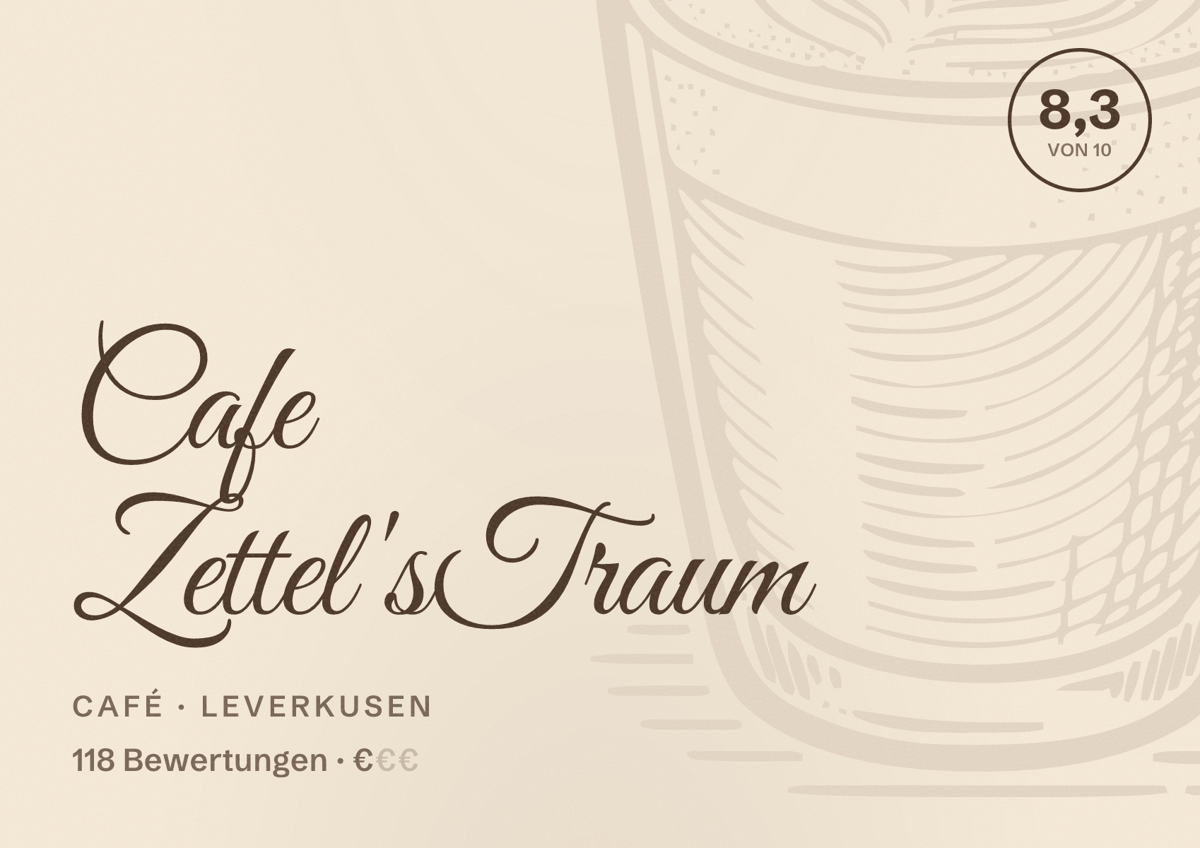 Illustriertes Poster von Cafe Zettel's Traum, Café in Leverkusen: Bewertung 8,3 von 10 aus 118 Bewertungen, Preisniveau €