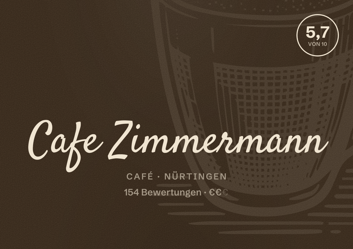 Illustriertes Poster von Cafe Zimmermann, Café in Nürtingen: Bewertung 5,7 von 10 aus 154 Bewertungen, Preisniveau €€