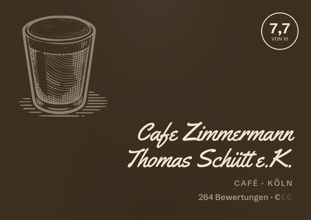 Illustriertes Poster von Cafe Zimmermann Thomas Schütt e.K., Café in Köln: Bewertung 7,7 von 10 aus 264 Bewertungen, Preisniveau €