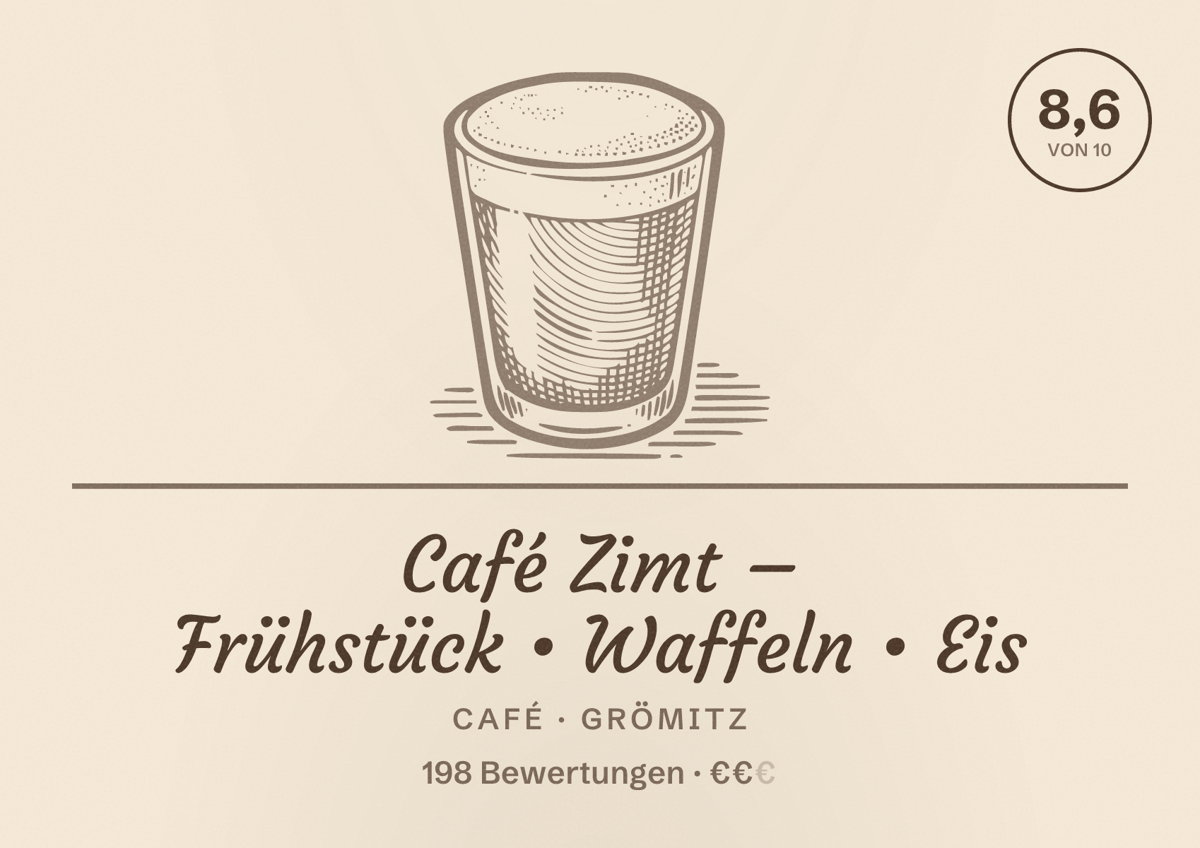 Illustriertes Poster von Café Zimt – Frühstück • Waffeln • Eis, Café in Grömitz: Bewertung 8,6 von 10 aus 198 Bewertungen, Preisniveau €€