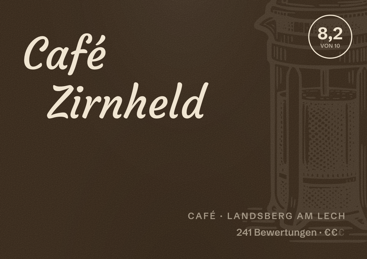Illustriertes Poster von Café Zirnheld, Café in Landsberg am Lech: Bewertung 8,2 von 10 aus 241 Bewertungen, Preisniveau €€