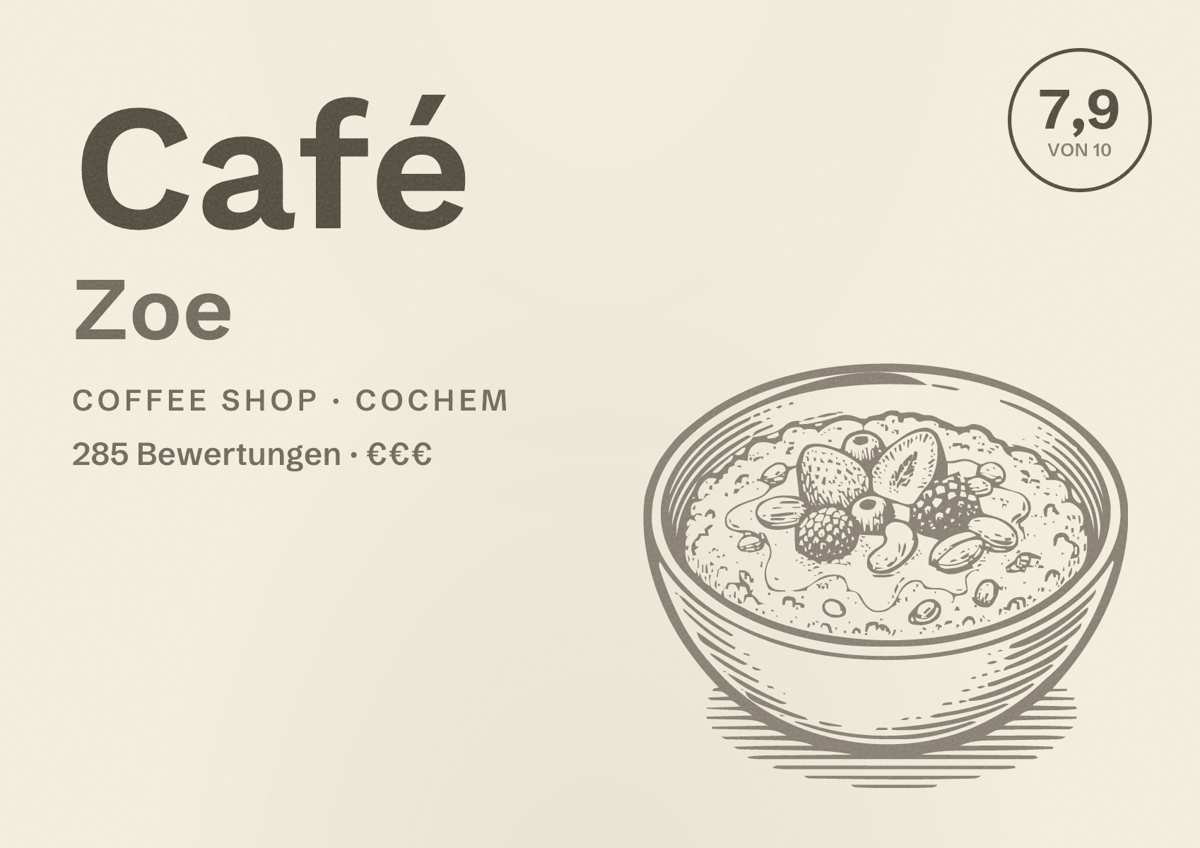 Illustriertes Poster von Café Zoe, Coffee Shop in Cochem: Bewertung 7,9 von 10 aus 285 Bewertungen, Preisniveau €€€